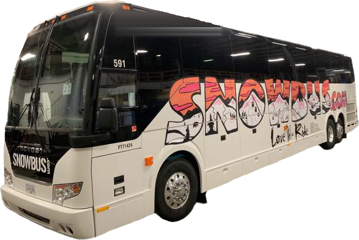 The 2020 Whistler Skibus coach in the illustrated SNOWBUS.com wrap, a hand-drawn wordmark with a mountain scene inside every letter
