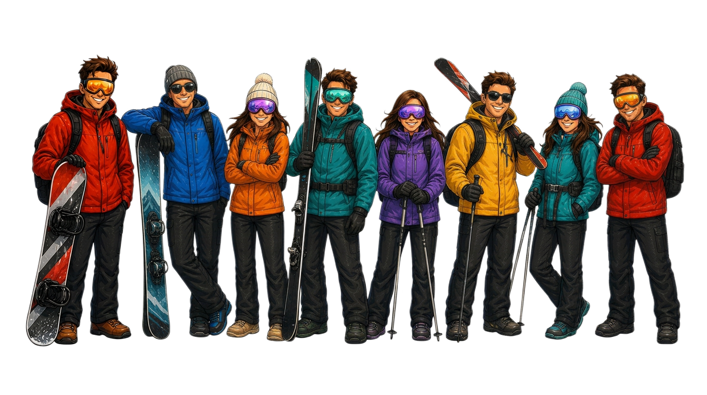 Eight riders with skis and boards, the SnowClub crew